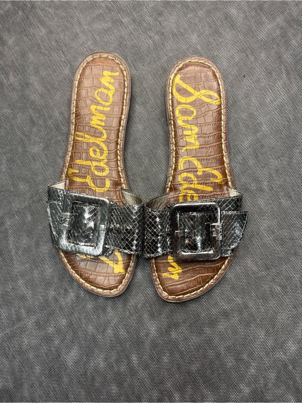 Sam Edelman Silver Embossed Buckle Slide Sandals Snake Print Size 7.5